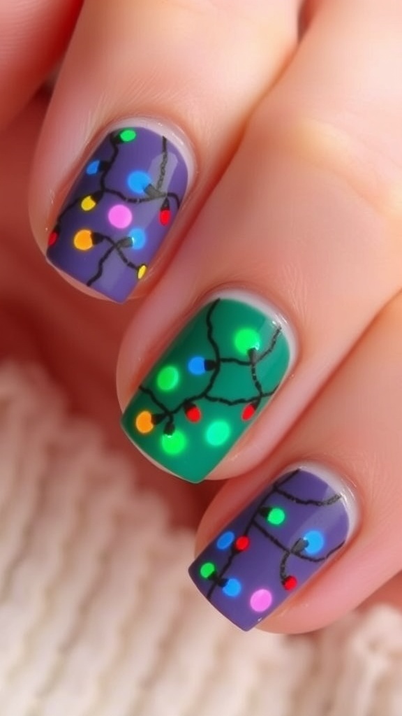 Close-up of short Christmas nails with colorful lights design on a festive background.